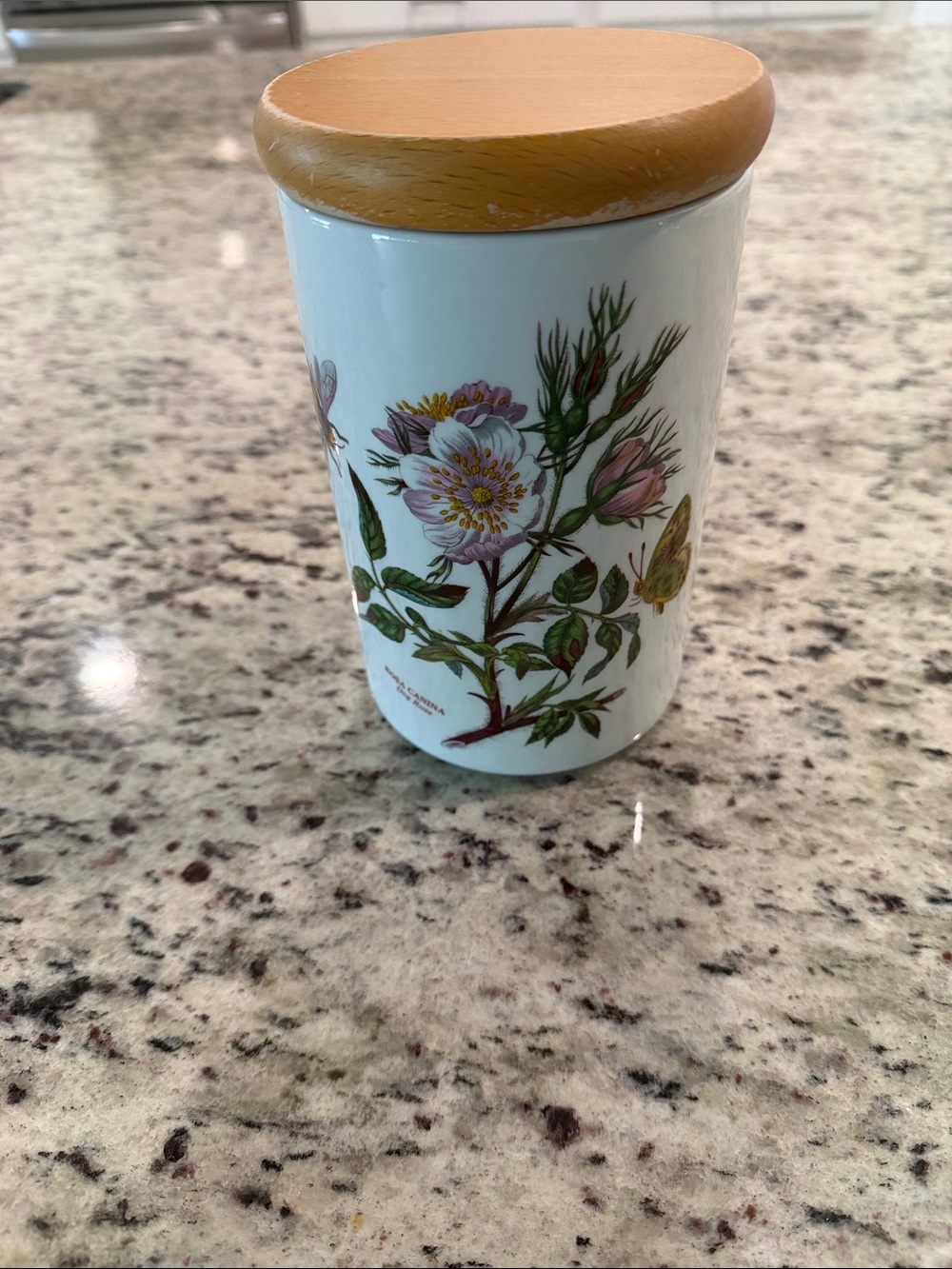 Portmeirion White Ceramic Canister with Wood-Tone Lid and Floral Motif 7inch
